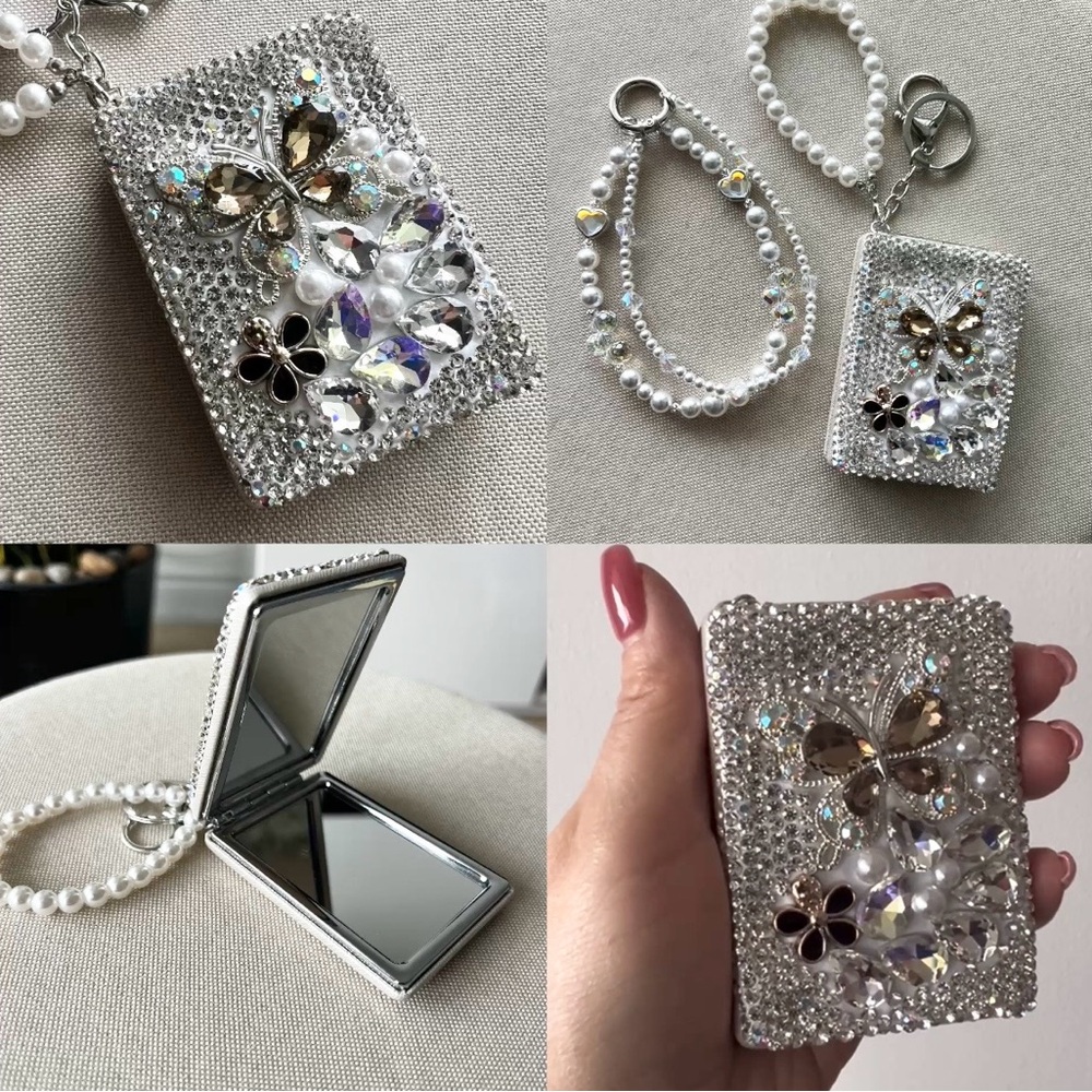 Rhinestone Compact Mirror – Magnifying – New – Wrist Strap - key chain